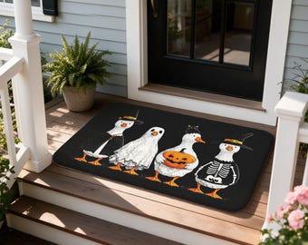 Halloween Costumed Duck Doormat, Witch Hat Ghost Skeleton Pumpkin, Spooky Fall Entryway Decor Gift