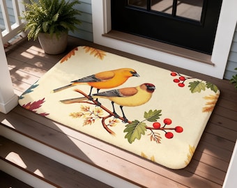 Deurmat met zangvogelmotief, rode herfstbessen, antislip decoratie voor de entree, housewarmingcadeau voor natuurliefhebbers