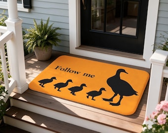 Follow me Doormat, Cute Ducklings Queue Print, Orange Black Whimsical Nature Porch Entry Decor