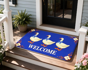 WELCOME Doormat Three Little Ducks Blue Country Farmhouse Non Slip Flannel Entry Rug Gift