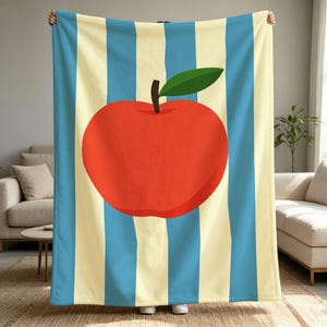 Striped Red Apple Fleece Throw Blanket, Scandinavian Minimal Fruit Print Cozy Living Room Decor