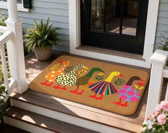 Cute Duck Doormat, Colorful Polka Dot Striped Boho Welcome Mat, Nature Lover Housewarming Gift