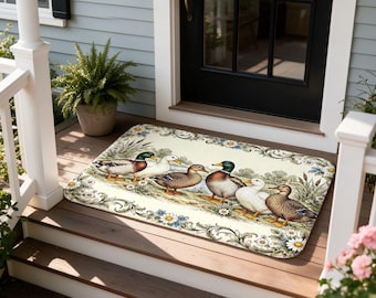 Wild Duck Doormat, Daisy Print Welcome Mat, Farmhouse Entry Rug, Nature Lover Gift