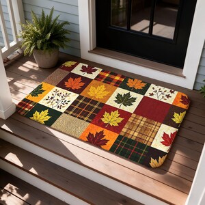 Zerbino con foglie d'acero autunnali, zerbino di benvenuto con stampa autunnale a patchwork, tappeto rustico per l'ingresso in stile country