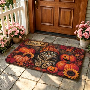 Peut inclure: Un paillasson rectangulaire illustré d'un chat tigré brun portant un bonnet en tricot orange, entouré de citrouilles, de citrouilles d'Halloween, de tournesols et de feuilles d'automne rouges sur un fond de planches avec le texte Happy Fall.