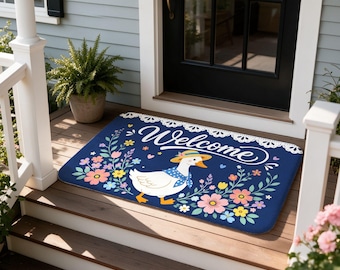 Welcome Duck Doormat, Straw Hat Floral Entryway Mat, Cottagecore Farmhouse Housewarming Gift for Gardeners