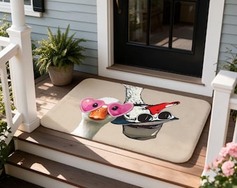 Funny Duck Doormat, Heart Glasses Quirky Cartoon Art, Housewarming Gift for Front Door