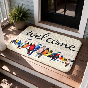 Welcome Bird Doormat, Rustic Country Entry Mat, Washable Front Door Rug for Nature Lovers