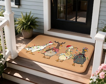 Christmas Duck Doormat, Funny Santa Hat String Lights Welcome Mat for Winter Front Porch