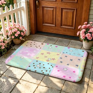 Felpudo suave antideslizante con estrellas de colores, bonito estampado de retazos de macarons, decoración para la entrada del hogar, regalo de inauguración para niñas.