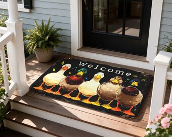 Welcome Doormat, Cute Duck Lineup, Farmhouse Front Door Mat, Flannel Non Slip Housewarming Gift
