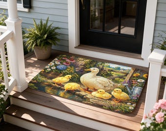 Yellow Duckling Doormat, Farmhouse Floral Entry Rug, Non Slip Welcome Mat, Country Cottage Decor