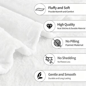 May include: A white flannel blanket with a textured surface. Five circular callouts list product features: Fluffy and Soft, High Quality with neat stitches, No Pilling, No Shedding, and Gentle and Smooth, highlighting the durable material.