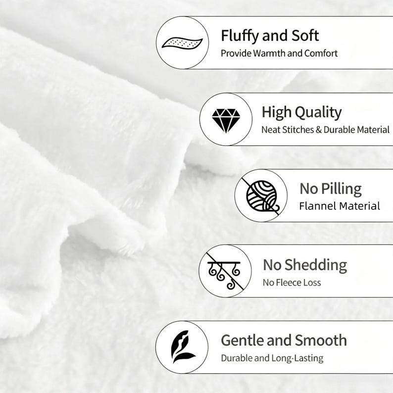 May include: A white flannel blanket with a textured surface. Five circular callouts list product features: Fluffy and Soft, High Quality with neat stitches, No Pilling, No Shedding, and Gentle and Smooth, highlighting the durable material.