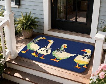 Little Goose Doormat With Bow Tie, Country Farmhouse Entry Rug, Navy Green Flannel Mat