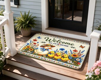 Duckling Wildflower Doormat Welcome TO OUR HOME Country Garden Porch Decor Housewarming Animal Lovers