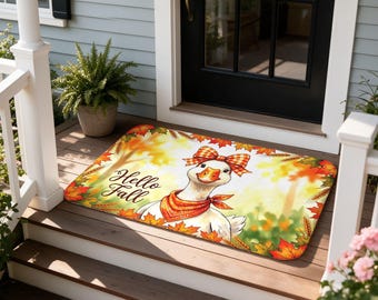 Hello Fall Goose Doormat, Farmhouse Front Door Mat, Maple Leaf Rug, Thanksgiving Neighbor Gift