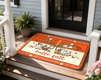 Hello Fall Doormat, Autumn Duck Pumpkin Front Door Mat, Cozy Farmhouse Decor for Housewarming