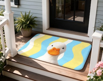 Yellow Duck Doormat, Blue Wavy Cartoon Entry Mat for Pet Lovers and Kids Playroom