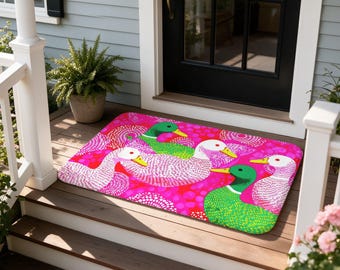 Colorful Pop Art Duck Doormat, Bohemian Vintage Style Welcome Mat for Farm Animal Lovers