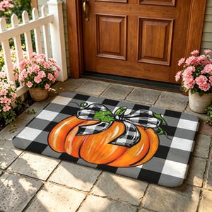 Fall Pumpkin Bow Plaid Door Mat, Farmhouse Autumn Porch Entryway Decor, Housewarming Gift For Harvest Lover
