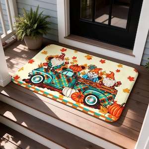 Fall Gnomes Doormat, Pickup Truck Autumn Thanksgiving Decor, Plaid Retro Farmhouse Entryway Mat