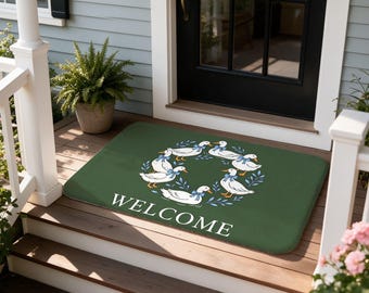WELCOME Duck Wreath Doormat, Farmhouse Entry Rug, Blue Bow Front Door Mat, Housewarming Gift