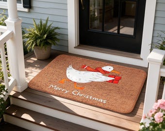 Merry Christmas Doormat, Goose Welcome Rug, Cute Holiday Front Door Mat, Winter Entry Decor