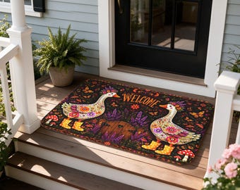 Floral Geese Welcome Doormat, Bohemian Cottagecore Entry Mat, Farmhouse Front Door Rug, Housewarming Gift