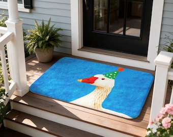 Party Hat Goose Doormat, Funny Cartoon Animal Welcome Mat, Front Porch Entryway Rug