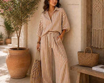 Women's Striped Two Piece Set Oversized Shirt Wide Leg Pants Summer Vacation Resort Outfit