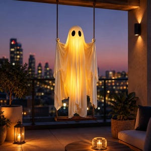 May include: A glowing, off-white ghost decoration with two black oval eyes, suspended from a wooden swing. The figure is illuminated from within, casting a warm, soft light against the backdrop of a city skyline at dusk on a balcony.