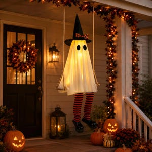 May include: A hanging ghost decoration featuring a white fabric sheet, a black pointed hat with an orange and black patterned bow, and black and orange striped leggings. The ghost is illuminated from within and sits on a wooden swing.