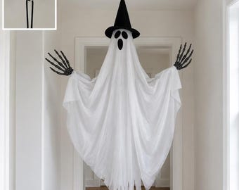 Light Up Hanging Ghost with Witch Hat, Large Halloween Ghost Decor, Skeleton Hands, Spooky Porch and Indoor Hanging Decoration