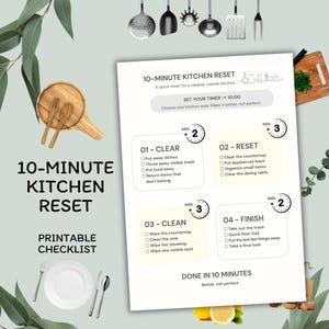 Op de afbeelding: Een printbare checklist voor een 10-minuten keuken-reset met vier genummerde stappen: 01-Clear, 02-Reset, 03-Clean en 04-Finish. Het document bevat selectievakjes voor taken zoals het opruimen van vaat, het leegmaken van aanrechten en het afnemen van oppervlakken.