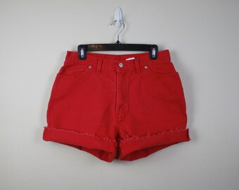 red and blue jean shorts