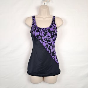 Vintage 80s Purple & Black Hibiscus Swimsuit