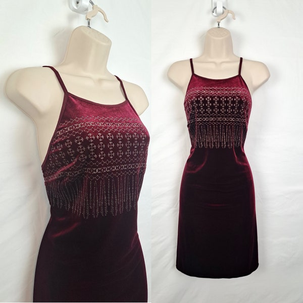 Vintage 90s Maroon Velvet Party Dress, Size Medium