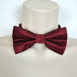 May include: A burgundy bow tie made of a satin-like fabric. The bow tie is tied and ready to wear.