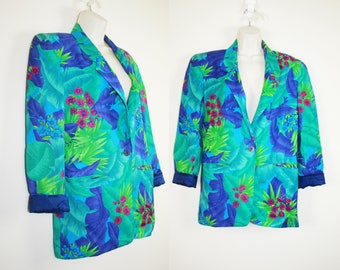 Vintage 1990s Blue Tropical Floral Blazer