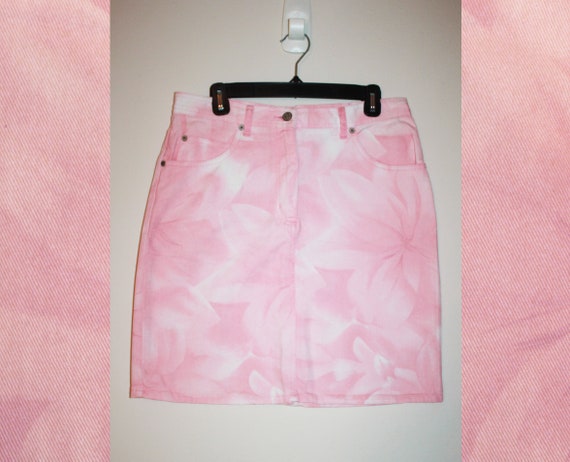 Vintage 90s Baby Pink Denim Mini Skirt, Size XL - image 1