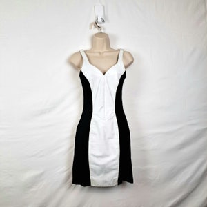 Vintage 90s Black & White Leather Spandex Bodycon Dress, Size Extra Small