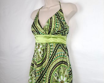 Vintage 2000s Lime Green & Brown Boho Maxi Halter Dress