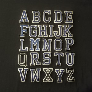 Vintage Sew On Letter Patches - Blue / Black Fabric Letterman Patches, A B C D E F G H I J K L M N O P Q R S T U V W X Y Z 70s 80s 90s Patch