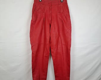 Vintage 80s Red Leather High Rise Pants, Size 31 Waist