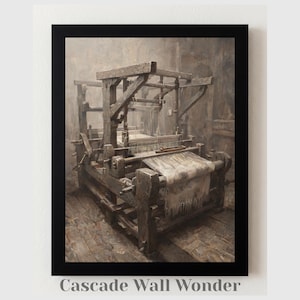 Könnte beinhalten: Ein gerahmter Wandkunstdruck mit dem Titel Cascade Wall Wonder, der einen detaillierten alten Holzwebstuhl mit komplexen mechanischen Teilen und einem über die Vorderseite drapierten Webstück in gedeckten Erdtönen zeigt.