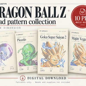 May include: A digital collection of 10 Dragon Ball Z bead patterns titled Hyper Dimension. The set includes four individual pattern guides featuring pixel art illustrations of Freeza, Piccolo, Goku Super Saiyan 2, and Majin Vegeta with bead counts.