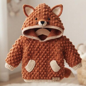 May include: A rust-colored crochet hooded sweater featuring a fox face on the hood with pointed ears, a black nose, and whiskers. The sweater has a textured bobble stitch pattern, cream-colored ribbed cuffs, a hem, two front pockets, and a tail.