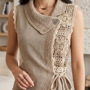 May include: A sleeveless beige vest featuring a textured linen-like fabric, a wide folded collar with a leaf-shaped button, and intricate crochet floral panels. The garment includes a side tie closure with braided cords and wooden bead accents.