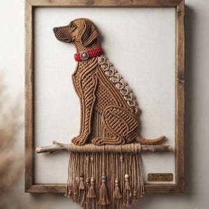 May include: A macrame wall hanging featuring a brown dog sitting on a wooden branch, framed in wood. The dog has a red collar with a silver accent and a textured back. Below the branch, hanging cords with beads and tassels are visible. A small plaque reads Ridgeback Knot-werk.